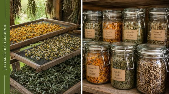 Séchage et conservation des Astéracées au jardin  fleurs de camomille séchant sur claies et plantes médicinales conservées en bocaux - Herboristerie Sensathé